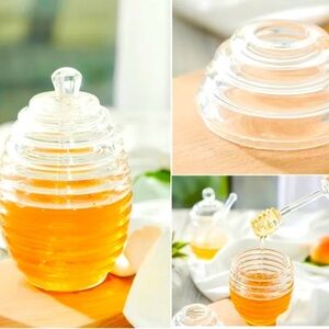 Transparent Honey Jar With Dipper & Lid Beehive Style Honey Acrylic Pot Tea